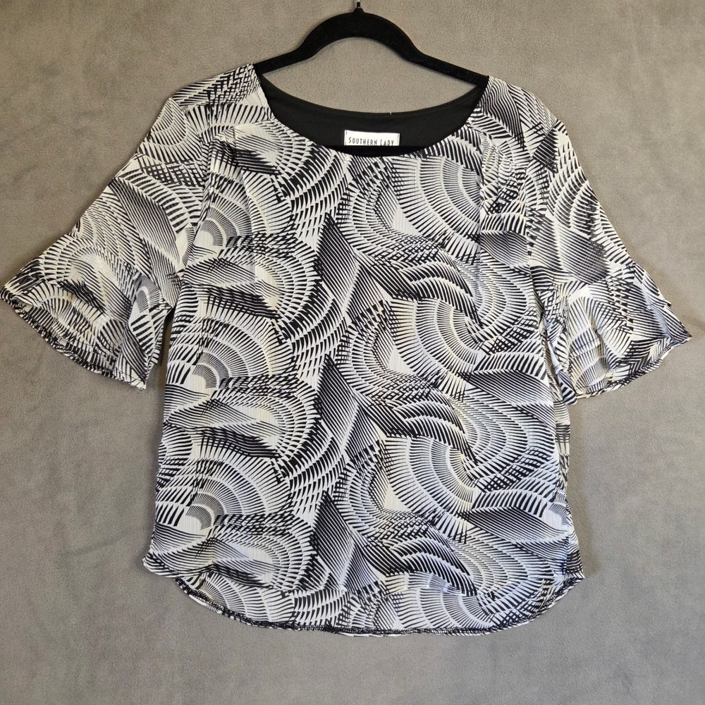 Southern Lady Art Deco Top Women's Small Geometric Flutter Sleeve Office Modern